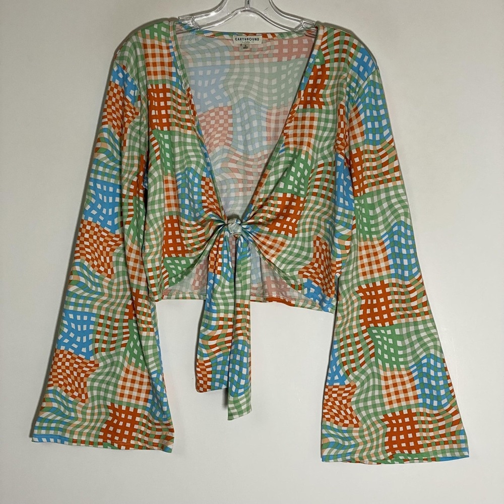 Earthbound Trading Co Top Womens Large Multi Cropped Blouse Colorful Hippie Boho